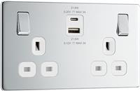 BG Electrical Double Switched Power Wall Plug Socket with Fast Charge Type A and C USB Ports, Screwless, Flatplate, Polished Chrome, White Inserts, 13A, 22W, FPC22UAC22W
