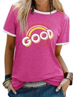 WIEIYM Women's T-Shirts Short Sleeve Round Neck T Shirt Rainbow Graphic Summer Tee Shirts Ladies Casual Tee Tops with Good Vibes Letter Printed S-XXL