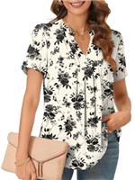 Bestbee Ladies Summer Tops, Dressy Chiffon Blouses Pleated Shirts Notch V Neck Short Sleeve Tunic Tops Casual T-Shirts
