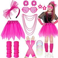 80s Costume Accessories Set for Girls, 21Pcs 1980s Fancy Dress Outfit with Tutu Skirt Fishnet Gloves Leg Warmers Bow Headband Necklace Bracelets Glasses for Kids 1980s Theme Party