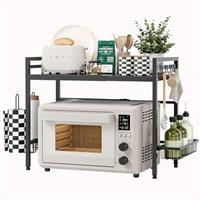 NETEL Expandable Microwave Oven Rack, 2 Tier Metal Microwave Shelf Stand, Desktop Printer Shelf Rack, Baker's Rack Kitchen Counter Shelf Organiser with 8 Hooks, Heavy Load 25KG, Width 40-60cm