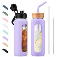 BLUEGO 700/900ml Glass Water Bottle with Straw and 2 Lids Glass Coffee Cup with Time Marker and Silicone Protector Glass Tumbler for beverages Soda Cola BPA free