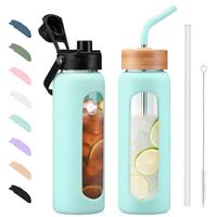 BLUEGO 700/900ml Glass Water Bottle with Straw and 2 Lids Glass Coffee Cup with Time Marker and Silicone Protector Glass Tumbler for beverages Soda Cola BPA free