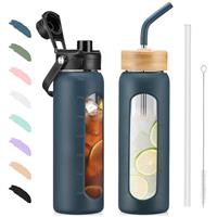 BLUEGO 700/900ml Glass Water Bottle with Straw and 2 Lids Glass Coffee Cup with Time Marker and Silicone Protector Glass Tumbler for beverages Soda Cola BPA free
