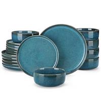 vancasso Dinner Set, Reactive Glaze Dinner Sets for 6 People, 24-Piece Mediterranean Crockery Set with Dinner Plates, Dessert Plate, Cereal Bowls and Pasta Bowls, Playa Blue