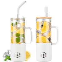 BLUEGO 600ml Glass Cups with 2 Lids and Handle, Cute Glass Tumbler with Straws and Silicone Sleeve, Iced Coffee Cup, 0.6L Smoothie Tumbler, Reusable Bubble Tea Cup,Travel Mug