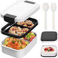 BIBURY Lunch Box, 1900ml Leakproof Stackable Bento Box for Kids Adults, Food Container with 2 Compartments, Cutlery and Sauce Pot Set, BPA Free, Microwave and Dishwasher Safe Snack Box