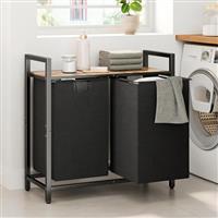Laundry Basket 2 Compartments 95L, Double Laundry Basket with Shelf and Double Pull-Out Removable Bags, Laundry Bin, Large Washing Basket, Wooden Laundr Basket for Laundry Room, Bedroom, Bathroom
