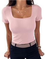 Aottori Summer Tops for Women UK Short Sleeve T Shirts Ladies Square Neck Ribbed Slim Fit Tee Shirts Casual Lightweight Basic Tunic Top