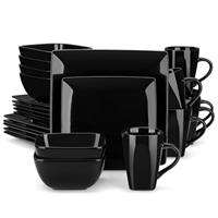vancasso Plates and Bowls Set, Black Dinner Set for 4, Soho Stoneware Dinner Set 16-Piece Square Plates Set with Dinner Plates, Dessert Plates, Bowls and Mugs