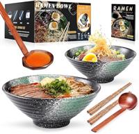 YTLEMON Ceramic Ramen Bowl Set of 2 - Porcelain Japanese Salad Noodles Cereal Fruit Pasta Soup Large Bowls 21000 ml 34 Ounces with Recipes Chopsticks and Spoons for Party Camping