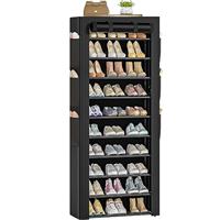 OYREL 10 Tier Tall Narrow Shoe Rack with Storage Box, Fabric Covered Metal Shoe Rack Organizer for Closets