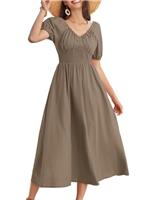 GRACE KARIN Womens Summer Puff Short Sleeve A-Line Dress Casual Maxi V-Neck Smock Ruched Cotton Dresses for Party Beach