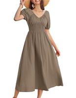 GRACE KARIN Womens Summer Puff Short Sleeve A-Line Dress Casual Maxi V-Neck Smock Ruched Cotton Dresses for Party Beach
