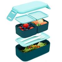 Bugucat Bento Lunch Box 1450ML, 2 in 1 Stackable Lunchbox for Adult Kids with Cutlery, Leak-Proof Snack Boxes with Compartments for School Office Camping, Microwave Dishwasher Safe