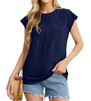 GRECERELLE Women's Summer Cotton Tops Cap Sleeves Pleated Crew Neck Ladies Casual T-Shirt