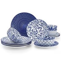 vancasso Bonita Dinnerware Set Muticolor Stoneware 12 Pieces Service for 4, Handpainted Spirals Pattern Stoneware Plates and Bowls Set