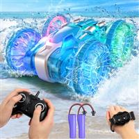 AYIQUTY Remote Control Cars, Amphibious RC Stunt Car with Gesture Sensing and LED Light, 2.4GHz Waterproof Dual RC, RC Car Toys Girl Gifts for 6-12 Years Old Boys, Beach Water
