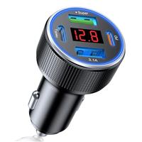 4 Port USB C Car Charger Adapter, Metal, Dual USB C, Fast Charging, Voltmeter, for iPhone 15/14/13/12, Samsung Galaxy, iPad
