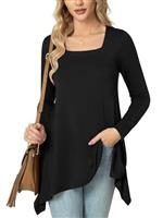 POPYOUNG Womens Casual Square Neck Tunic Tops Long Sleeve Ladies Longline Dress Floaty Long Blouse Shirts to wear with Leggings