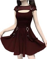 DINGJIUYAN Halloween Dress Gothic Steampunk Black Lolita Sexy Slim Slip Dresses Short Sleeve Hollow Eyelet Lace Prom Dress