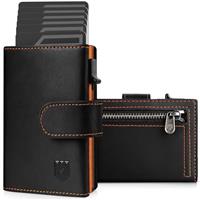 DODENSHA Card Holder Wallet Leather Wallets Mens Slim Minimalist Wallet Pop Up Design, RFID Blocking Metal Bank Card Case with Coins Pocket, ID Window, Hold up to 9 Cards, Button Lock