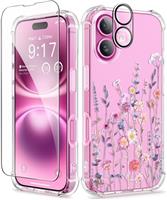 GVIEWIN Compatible with iPhone 16 Case 6.1" 2024, with Screen Protector & Camera Lens Protector, Shockproof Drop Protection Anti-scratch Bumper Clear Floral Cover for Women