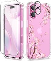GVIEWIN Compatible with iPhone 16 Case 6.1" 2024, with Screen Protector & Camera Lens Protector, Shockproof Drop Protection Anti-scratch Bumper Clear Floral Cover for Women