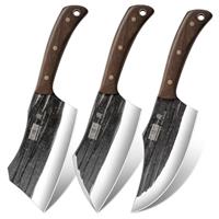 HOSHANHO Butcher Knife Set, 3-Piece High Carbon Steel Serbian Chef Knife Set of Heavy Duty Boning Meat Cleaver Viking Knife for Home, Cooking, Outdoor Camping BBQ