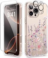 GVIEWIN Compatible with iPhone 16 Pro Case 6.3" 2024 with Screen Protector&Camera Lens Protector,Clear Shockproof Drop Protection Anti-scratch Floral Phone Cover for Women Girl