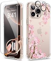 GVIEWIN Compatible with iPhone 16 Pro Case 6.3" 2024 with Screen Protector&Camera Lens Protector,Clear Shockproof Drop Protection Anti-scratch Floral Phone Cover for Women Girl
