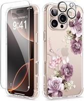 GVIEWIN Compatible with iPhone 16 Pro Case 6.3" 2024 with Screen Protector&Camera Lens Protector,Clear Shockproof Drop Protection Anti-scratch Floral Phone Cover for Women Girl
