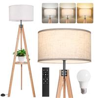 OUTON Wood Tripod Floor Lamp with Shelves, Standing Lamp with Fabric Lampshade, Dimmable & 3000K-6000K Adjustable Color Temperatures, Bulb Included, 1H Timer, for Living Room, Bedroom