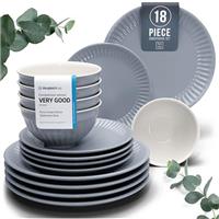 24-Piece Dinnerware Set - Bowl and Plate Set - Stoneware Dining Set for 6 People - Dishwasher and Microwave Safe - Grooved Dining Service in Petrol