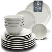 24-Piece Dinnerware Set - Bowl and Plate Set - Stoneware Dining Set for 6 People - Dishwasher and Microwave Safe - Grooved Dining Service in Petrol