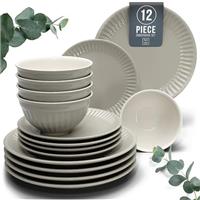24-Piece Dinnerware Set - Bowl and Plate Set - Stoneware Dining Set for 6 People - Dishwasher and Microwave Safe - Grooved Dining Service in Petrol