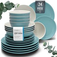 24-Piece Dinnerware Set - Bowl and Plate Set - Stoneware Dining Set for 6 People - Dishwasher and Microwave Safe - Grooved Dining Service in Petrol
