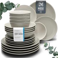 24-Piece Dinnerware Set - Bowl and Plate Set - Stoneware Dining Set for 6 People - Dishwasher and Microwave Safe - Grooved Dining Service in Petrol