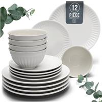 24-Piece Dinnerware Set - Bowl and Plate Set - Stoneware Dining Set for 6 People - Dishwasher and Microwave Safe - Grooved Dining Service in Petrol
