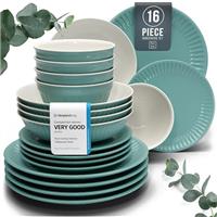 24-Piece Dinnerware Set - Bowl and Plate Set - Stoneware Dining Set for 6 People - Dishwasher and Microwave Safe - Grooved Dining Service in Petrol