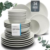 24-Piece Dinnerware Set - Bowl and Plate Set - Stoneware Dining Set for 6 People - Dishwasher and Microwave Safe - Grooved Dining Service in Petrol