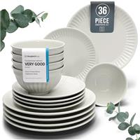 24-Piece Dinnerware Set - Bowl and Plate Set - Stoneware Dining Set for 6 People - Dishwasher and Microwave Safe - Grooved Dining Service in Petrol