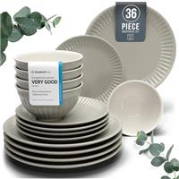 24-Piece Dinnerware Set - Bowl and Plate Set - Stoneware Dining Set for 6 People - Dishwasher and Microwave Safe - Grooved Dining Service in Petrol