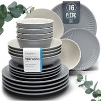 24-Piece Dinnerware Set - Bowl and Plate Set - Stoneware Dining Set for 6 People - Dishwasher and Microwave Safe - Grooved Dining Service in Petrol