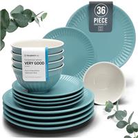 24-Piece Dinnerware Set - Bowl and Plate Set - Stoneware Dining Set for 6 People - Dishwasher and Microwave Safe - Grooved Dining Service in Petrol