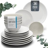24-Piece Dinnerware Set - Bowl and Plate Set - Stoneware Dining Set for 6 People - Dishwasher and Microwave Safe - Grooved Dining Service in Petrol