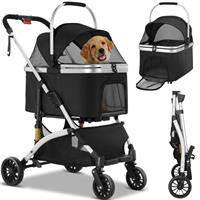 Dog Stroller, Foldable Pet Stroller, 3 in 1 Dog Cat Pushchair with Storage Basket Net Window Cup Holder, 360 Wear-Resistant Rubber Wheels Dog Travel Carrier, for Small Dogs & Cats