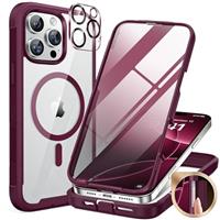 Miracase Glass Series for iPhone 14 Pro Case 6.1 Inch, [Built-in 9H Tempered Glass Screen Protector + Camera Lens Protector] Full Body Rubber Bumper Clear Back Case Cover (Deep Purple)