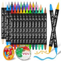 AOSUCO Acrylic Paint Pens Dual Tip for Rock Painting, Wood, Pebbles, Glass, Ceramic, Stones, Fabric, Canvas, Craft - Waterproof Brush Marker Set