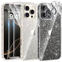 AROYI 5 in 1 Clear Glitter Case Compatible with iPhone 16 Pro Case with 2 Screen Protector and 2 Camera Lens Protector, Soft Bumper Sparkle Bling Women Girls Phone Case for 16 Pro 6.3", Rose red